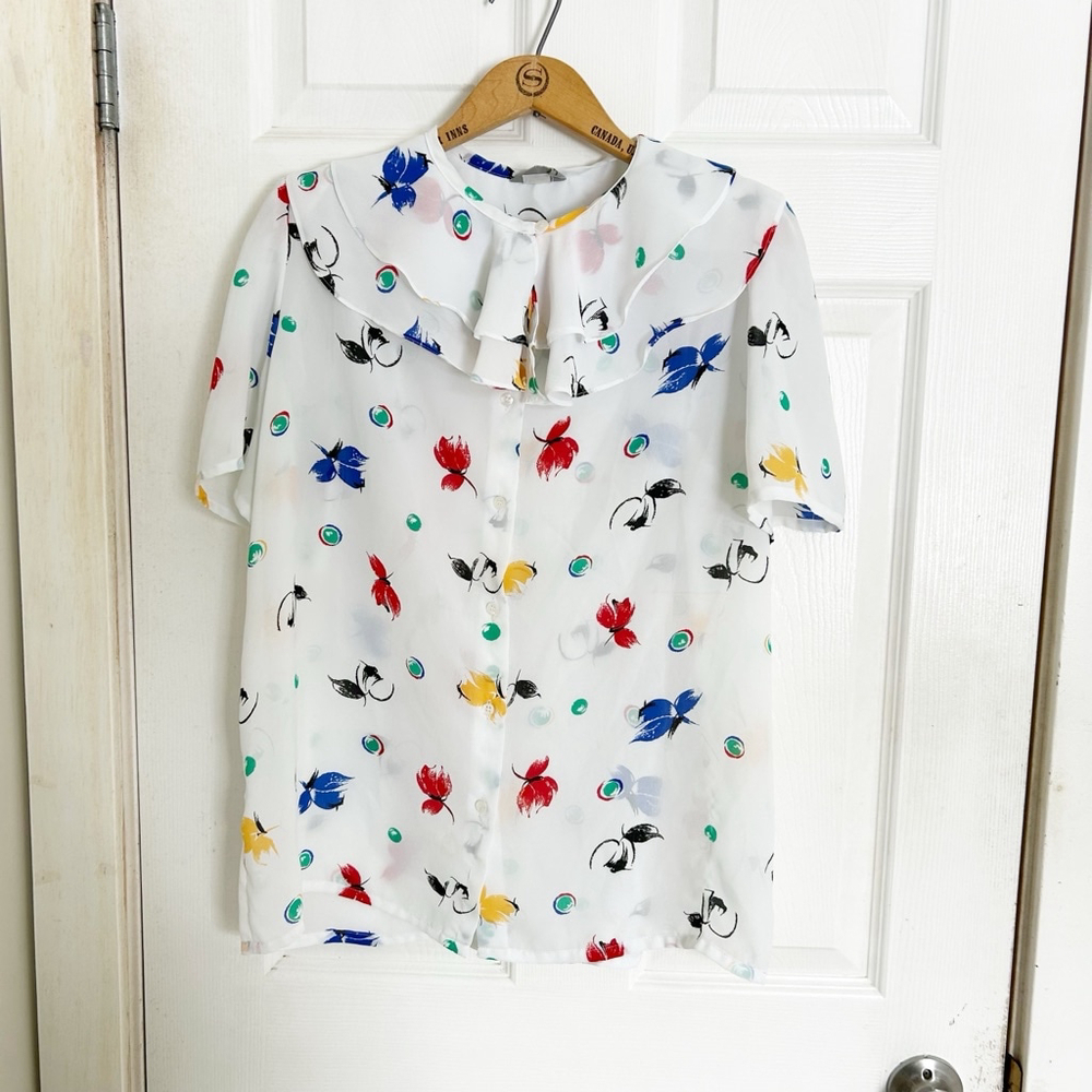 Flowy Vintage Tan-Jay Sheer Blouse w/Shoulder pads Size 16 White Multi-color